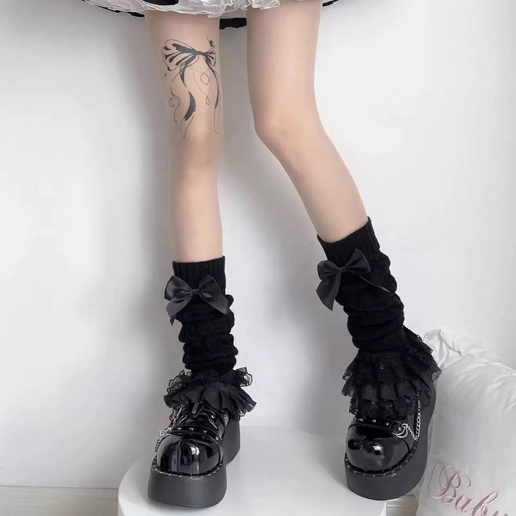 New Japanese Women Knitted Leg Warmer sweet Bow Tiered Ruffled Socks Girl Lace Lolita Socks Calf Lace Leggings Warmers Women