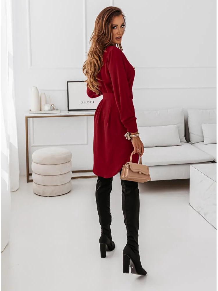 2022 Autumn/Winter Slimming Belted Long Sleeve Collared Dress