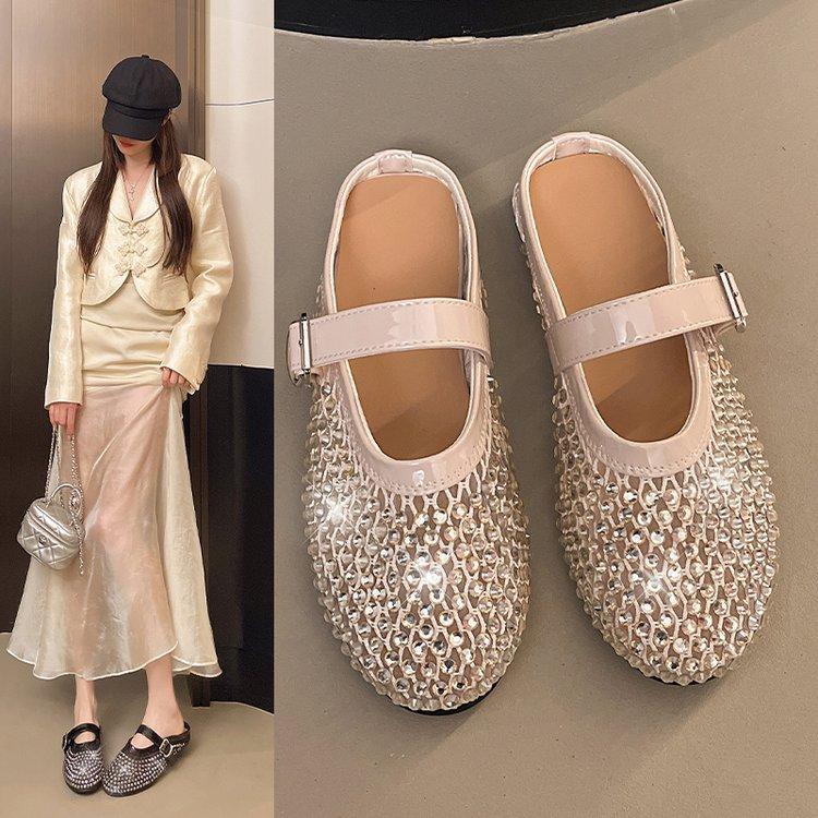 2025 Summer New Niche Ballet Shoes Mesh Rhinestone Breathable One-word Buckle Flat Mary Jane Shoes Women's Shallow Mouth Single Shoes