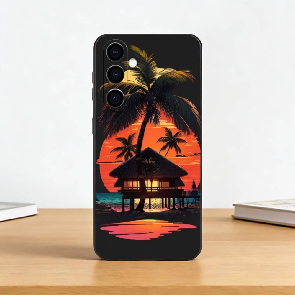 Coconut Palm T-Tree Phone Case Black Silicone Soft For Samsung Galaxy A73,A72,A71,A70,A53,A52,A51