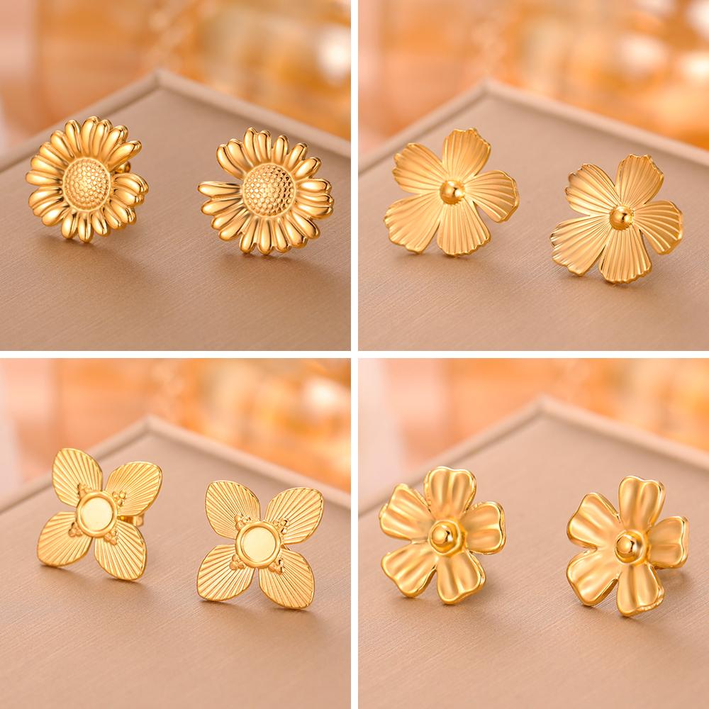 Flowers Stud Earrings Women Stainless Steel Gold Earring Trendy Daisy Cherry Blossom Jewelry Valentine Gift