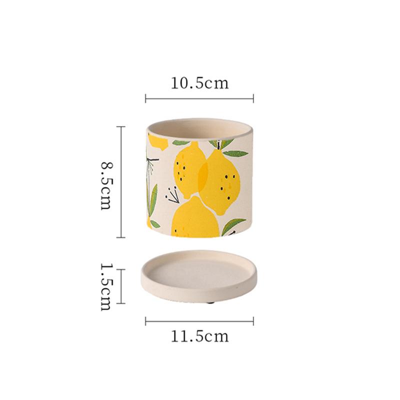 Creative Cartoon Fruit Ceramic Flower Pot Plant Flower Pot with Tray Cylindrical Countertop Flower Pot Living Room Garden Decor