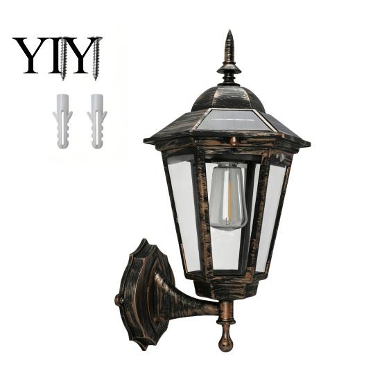European Style Solar Lamp Vintage Wall Light, Motion Sensor Outdoor Sconce with Glass Human Body Sensing Light Shade, Waterproof Garden Lantern