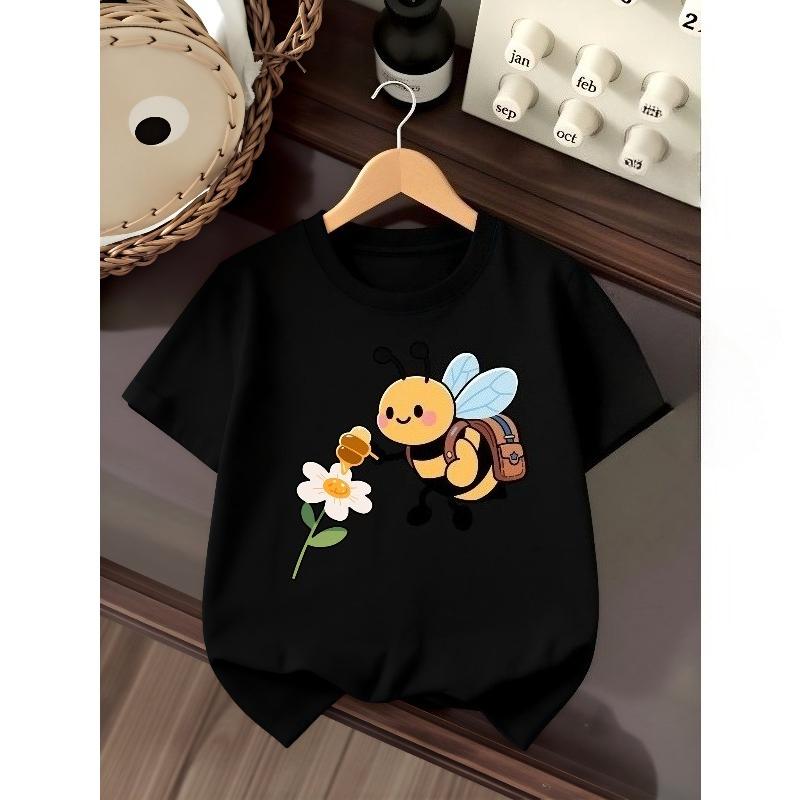European Sizes Boys' T-shirt Cute Bee with Backpack And Flower, Ideal for Outdoor Activities, Soft Knitted Top, Comfortable And Breathable