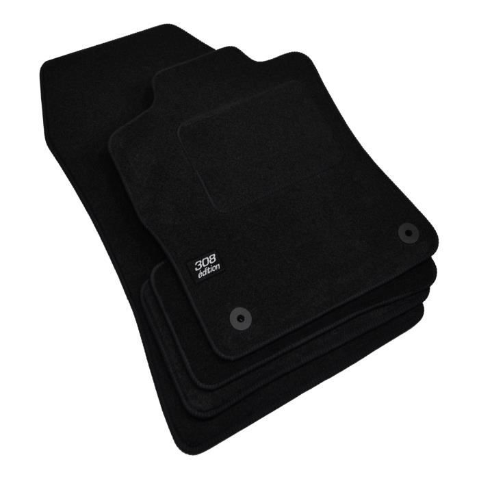Tapis de sol - Logo - Peugeot 308 - Velours noir - 4 pièces - Ajustement précis