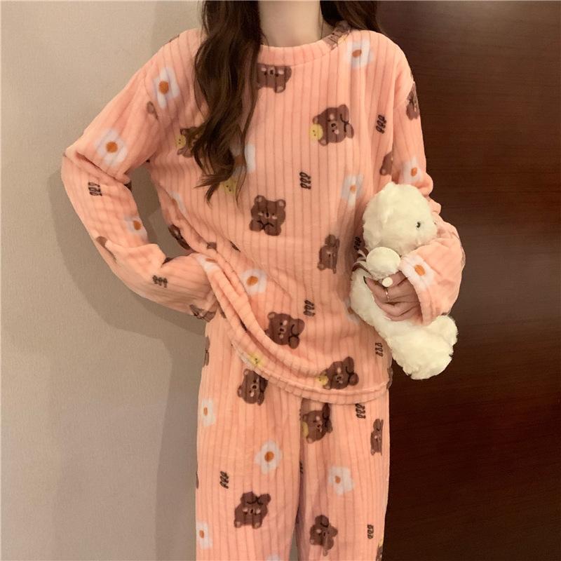Fall and Winter Women Sweet Cute Pajamas Women Casual Loose Can Be Worn Outside Thickened Warm Homewear Suit