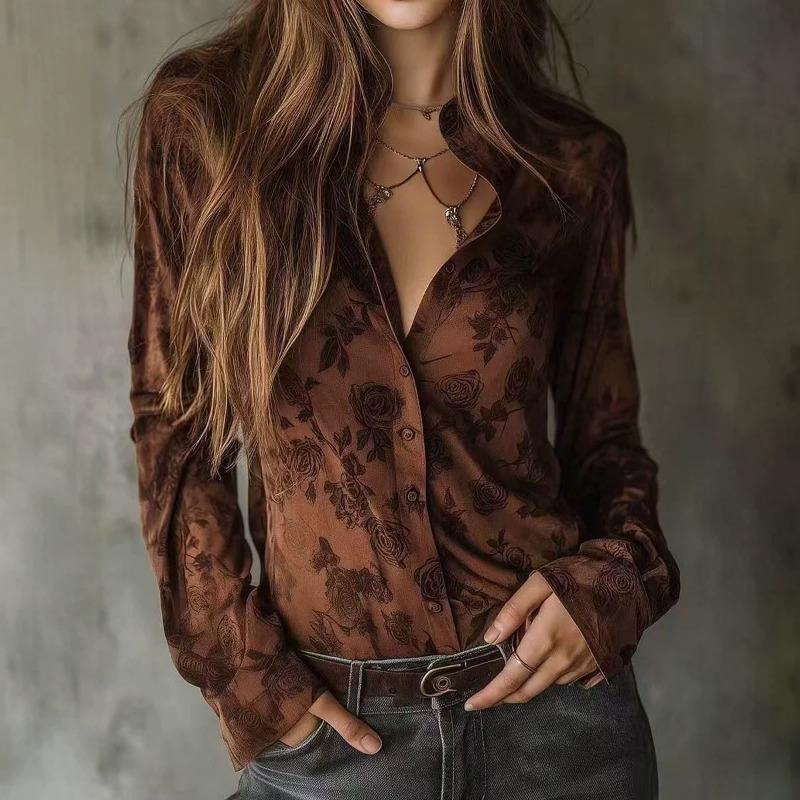 Women S Vintage Long Sleeve Floral Print Brown Shirt