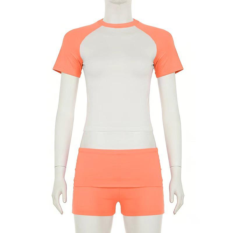 European-American Raglan Color-Block Sports Suit: Short-Sleeve Top, Solid Shorts & Headband