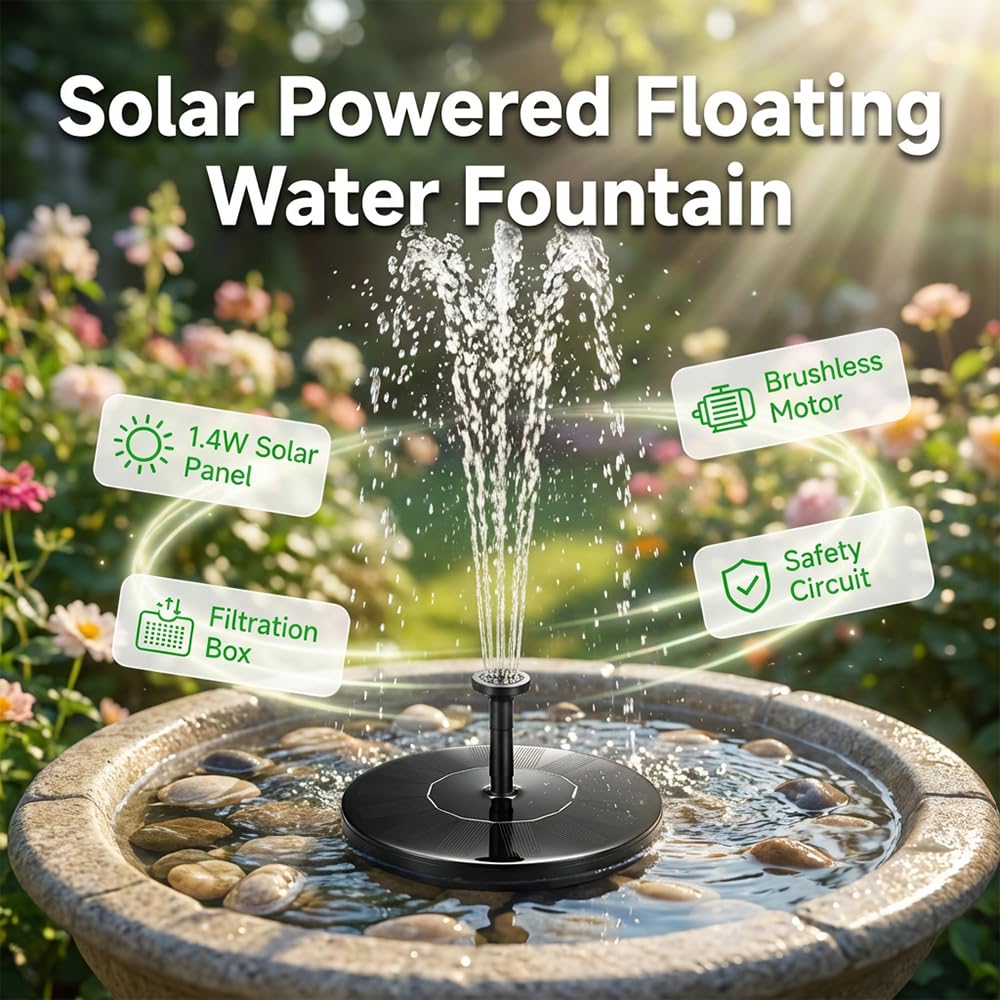 Solar Fountain for Bird Bath: Floating Mini Solar Water Fountain with 6 Nozzles for Garden, Pond, Pool, and Outdoor (16cm)
