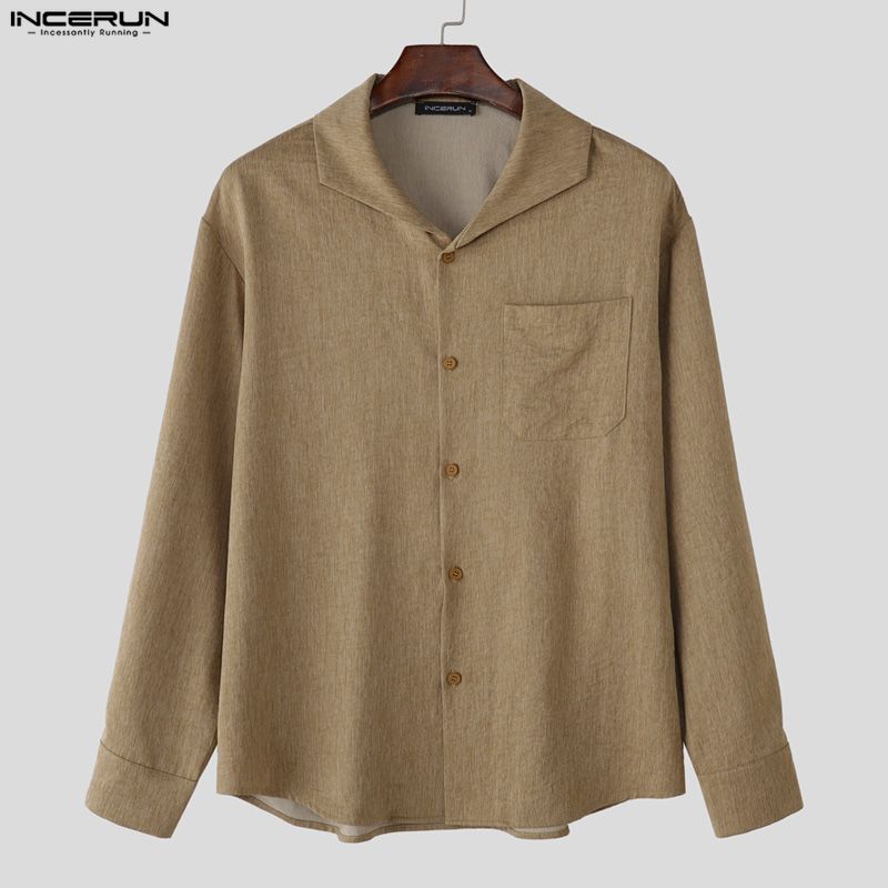 INCERUN 2PCS Men Lapel Neck Long Sleeve Shirts and Elastic Waist Pants Sets Suits