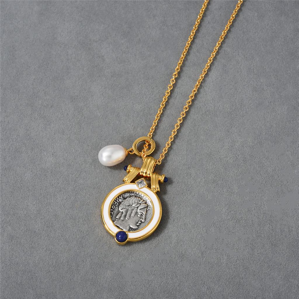 Vintage Heavy Industry Creates Double-Sided Embossed Sun God Apollo Ancient Coin Natural Pearl Pendant Necklace