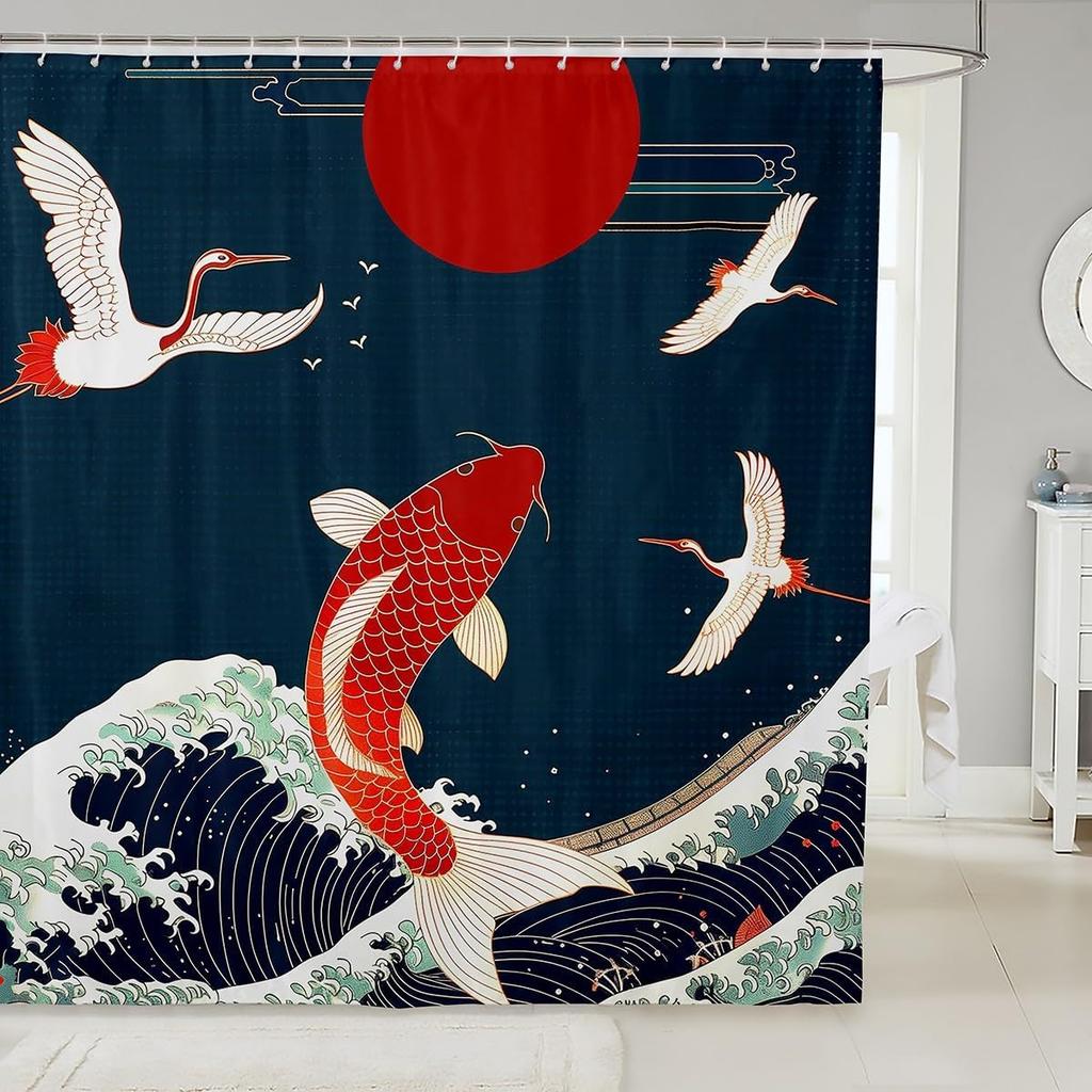 Erosebridal Dragon Bathroom Shower Curtain Sets Japanese Style Shower Curtain For Kids Boys Girls Ocean Wave Fabric Shower