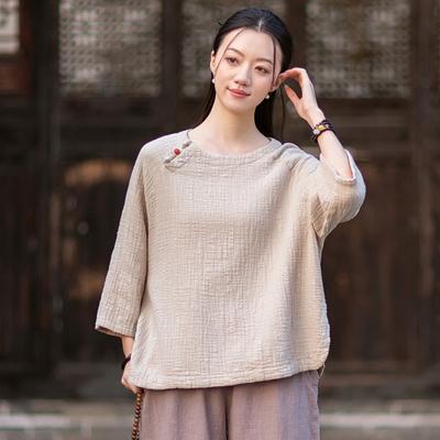 Women Vintage T-Shirts Spring Chinese Style Solid Color Soft O-Neck Seven Sleeve Female T-Shirts