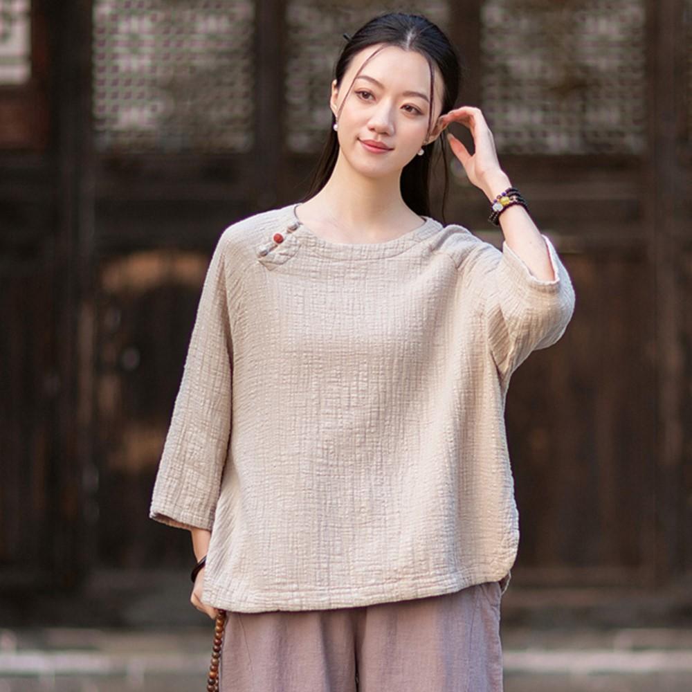 Johnature Women Vintage T-Shirts Spring Chinese Style Solid Color Soft O-Neck Seven Sleeve Female T-Shirts