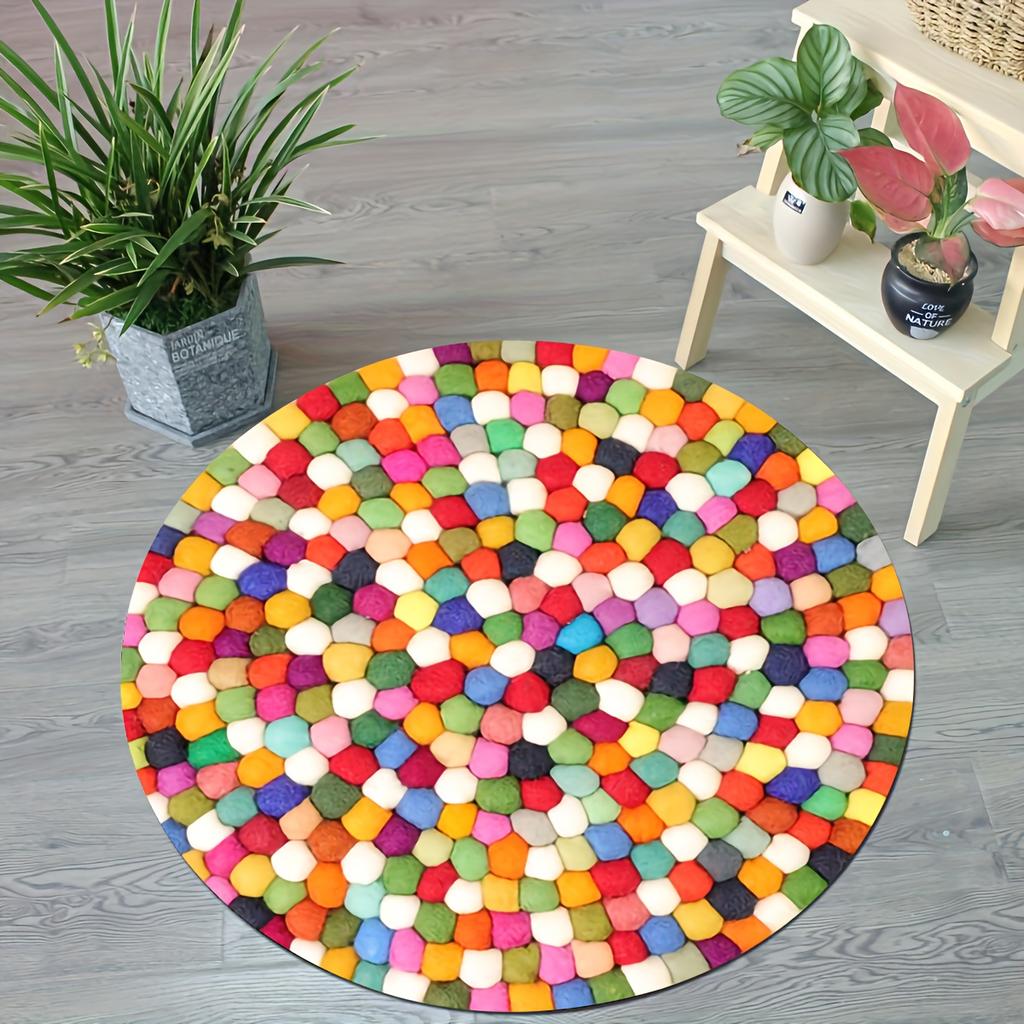 Flannel Printed Round Rug With Colorful Pebble Design For Home Decor Soft Floor Mat Boho Art Theme Playful Style