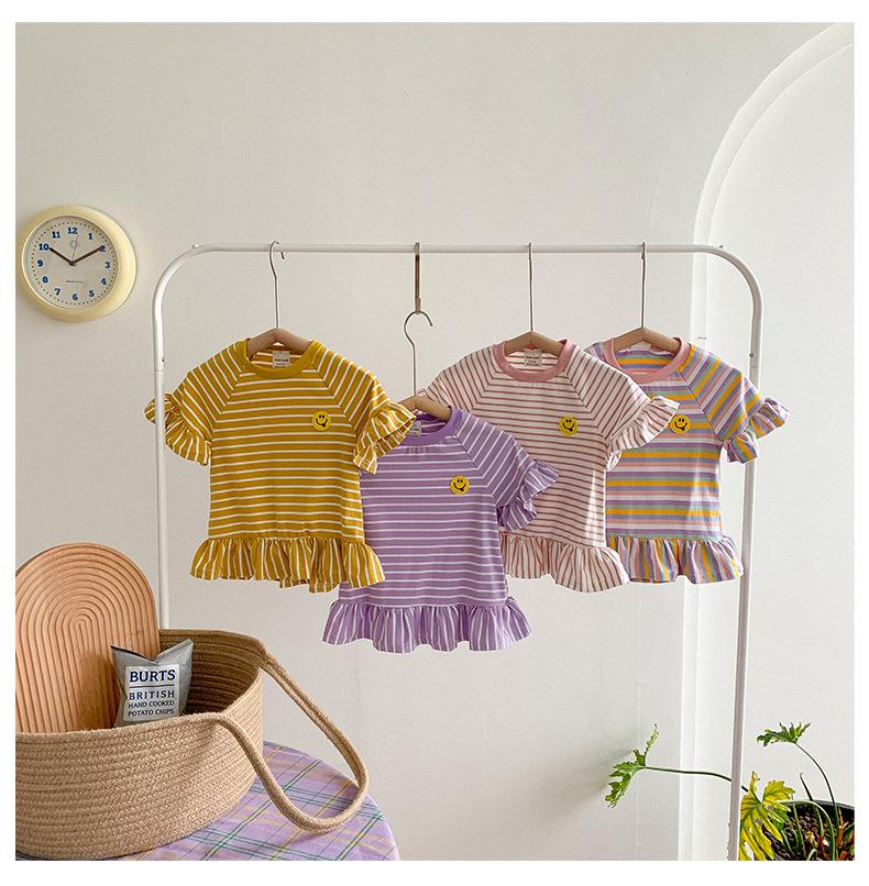 2025 Summer Korean Style Ruffle Sleeve Dress for Girls - Short Sleeve Striped Skirt