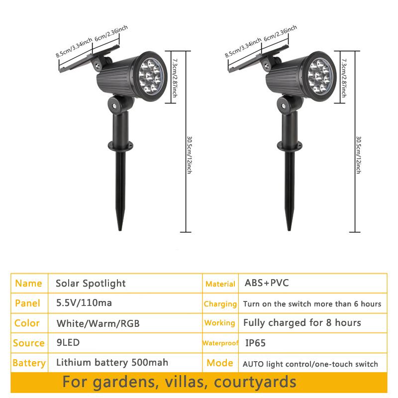 9LED Solar Garden Spotlights Outdoor RGB Landscape Lamp with Waterproof Dimmable Brightness Control for Yard Pathways & Driveway