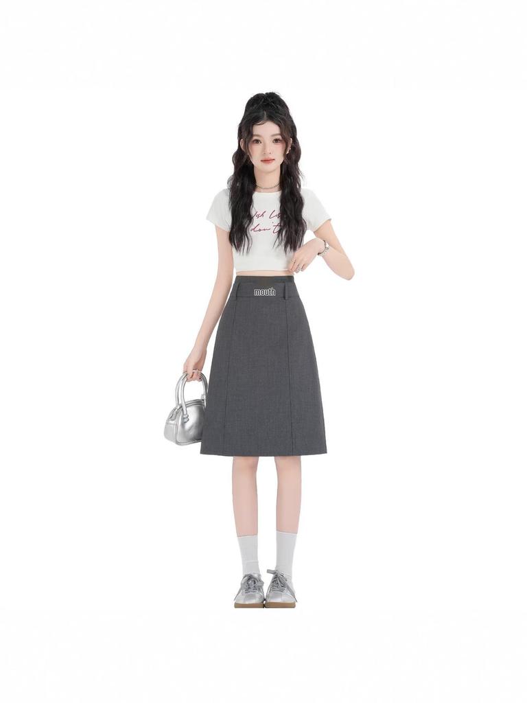 Elegant Gray High-End Midi Skirt: Women's Slim-Fit A-Line for Spring/Summer