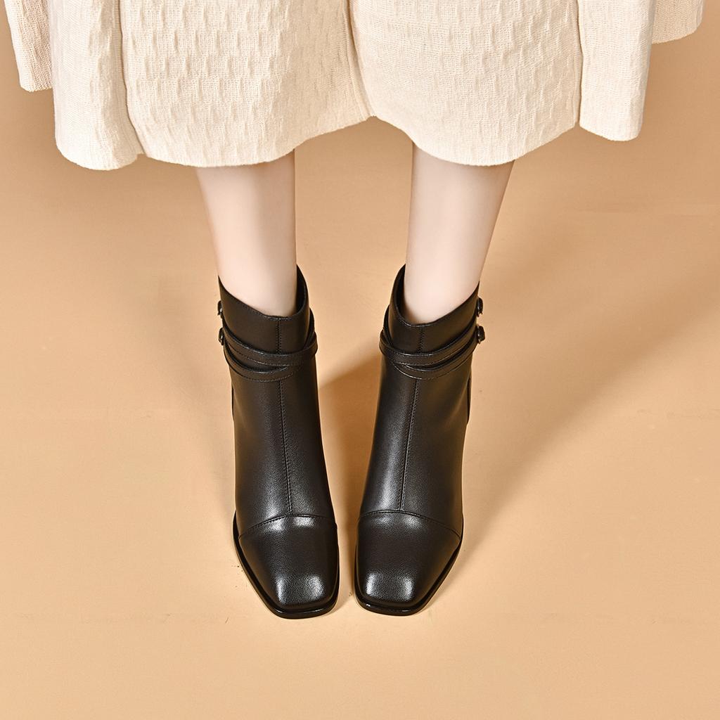 High-heeled Women's Boots Autumn and Winter New Square-headed Horseshoe Heel Fashion Boots Belt Buckle Short Boots Leather Boots