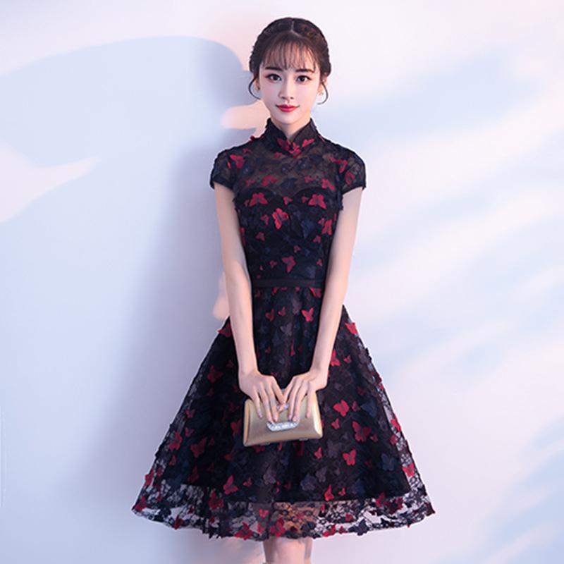 

Daily small dress new party elegant Chinese stand-up collar high waist slim and thin evening dress XS