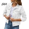 Women Jean Jacket Women's Long Sleeve Cropped Denim Jacket, Button Down Lapel Jeans Coat with Pockets, Fall Spring Lightweight Outerwear