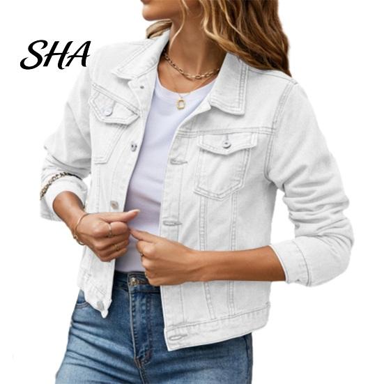 Women Jean Jacket Women's Long Sleeve Cropped Denim Jacket, Button Down Lapel Jeans Coat with Pockets, Fall Spring Lightweight Outerwear