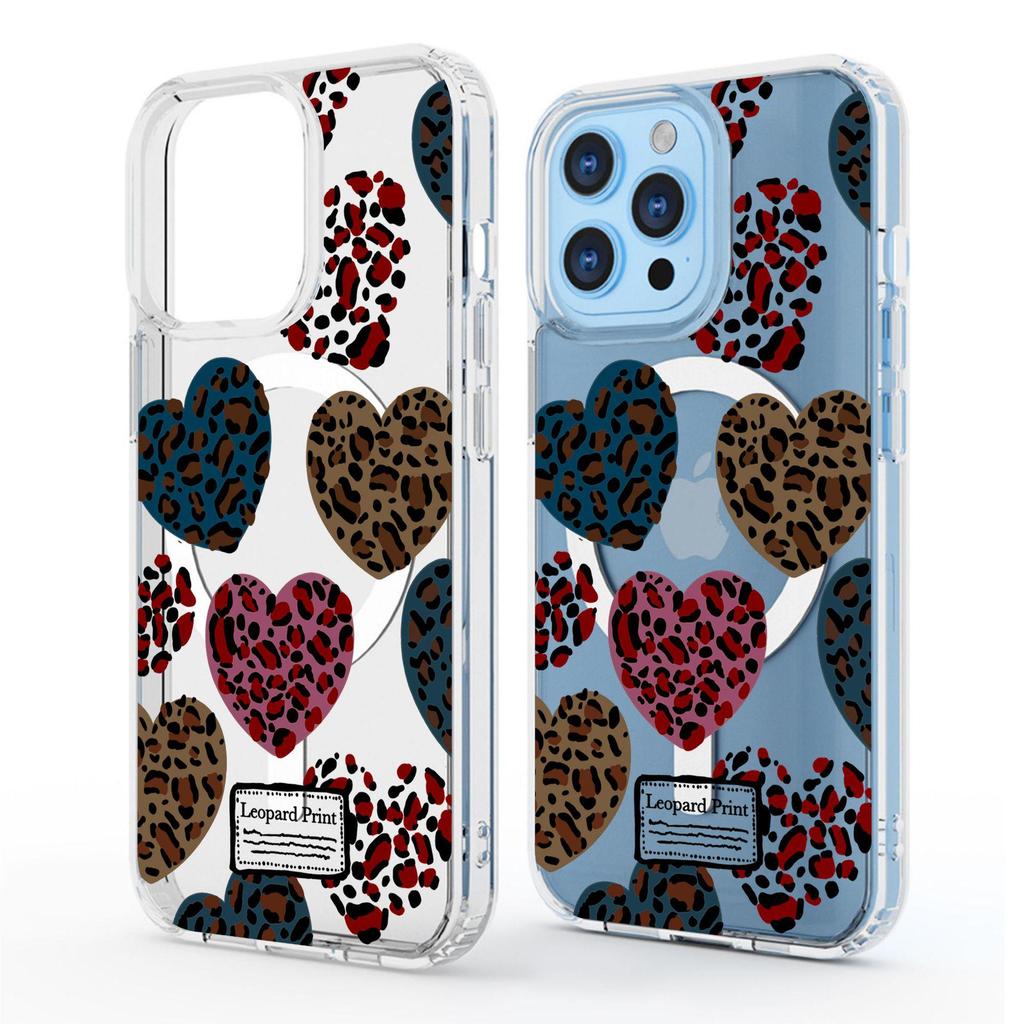 Leopard Heart Magnetic Transparent Case for iPhone 15/16/17 Pro Max