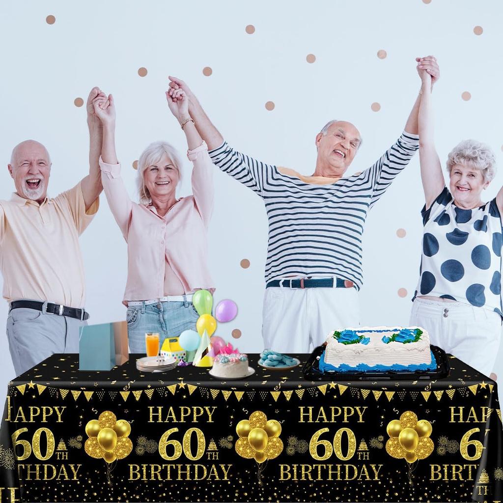 3Pcs 60th Birthday Tablecloth Decorations 60 Year Old Birthday Decorations Black Gold Happy 60 Birthday Table Cloth Rectangle Table Decorations 60th
