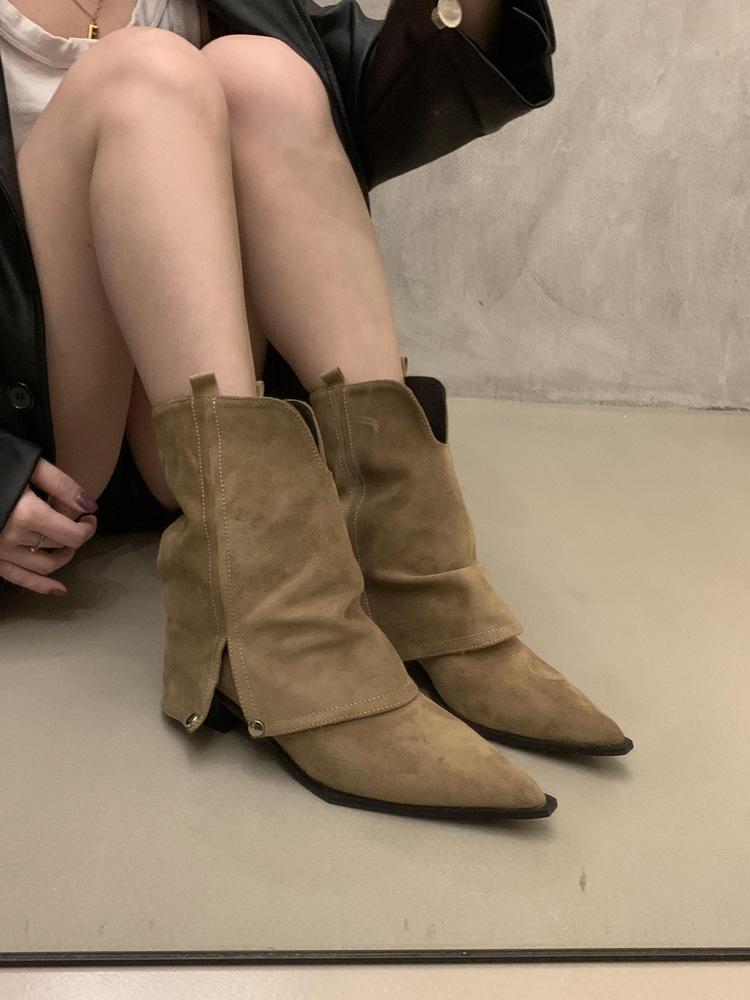 

Thick heel pointed trousers boots fried street small short boots women s shoes spring and autumn 2025 new summer brown western thin boots 40
