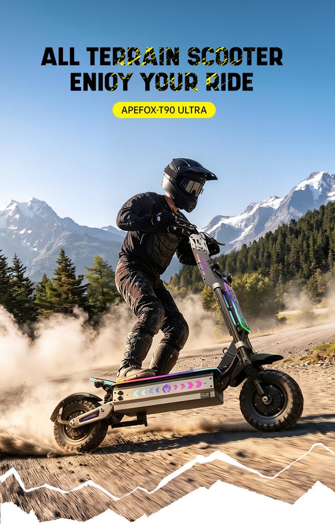 APEFOX T90 Ultra Pneus Off-Road de 13 Polegadas Patinete Elétrico 10000W Motores Duplos 72V40Ah, Freios a Disco Hidráulicos Autonomia 130-150KM Carga Máxima 150kg