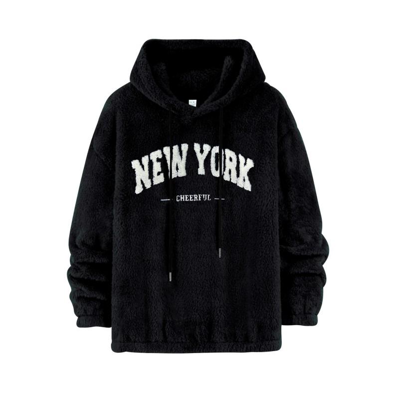 Mens Oversized Hooded Sweatshirt European Style Fleece Lined Letter Embroidered Pocket Hoodie