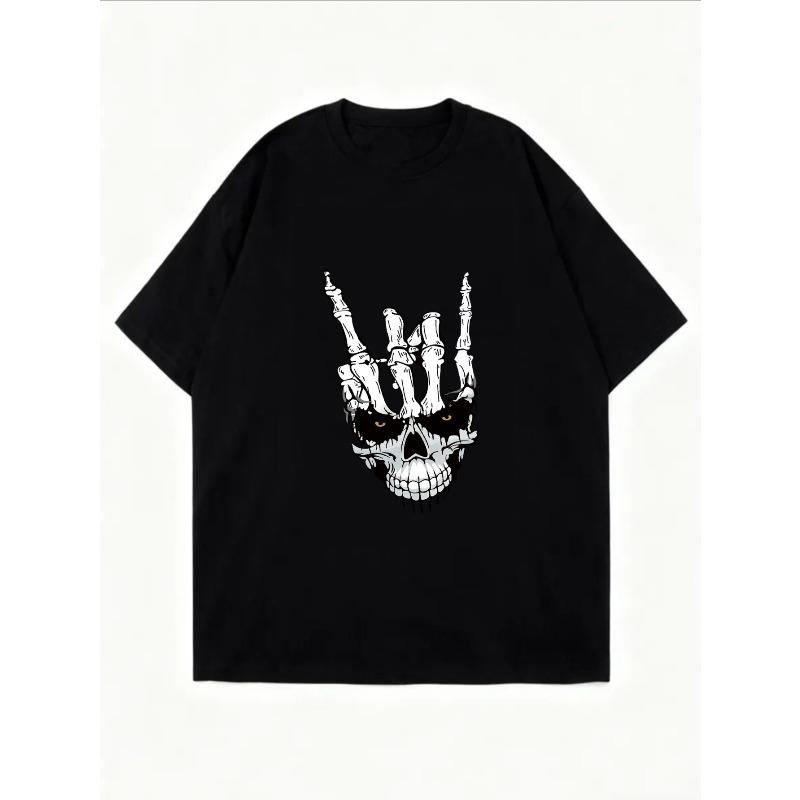 White Oversized T-Shirt With Skull And Bones Hand Gesture Print For Casual Streetwear Style