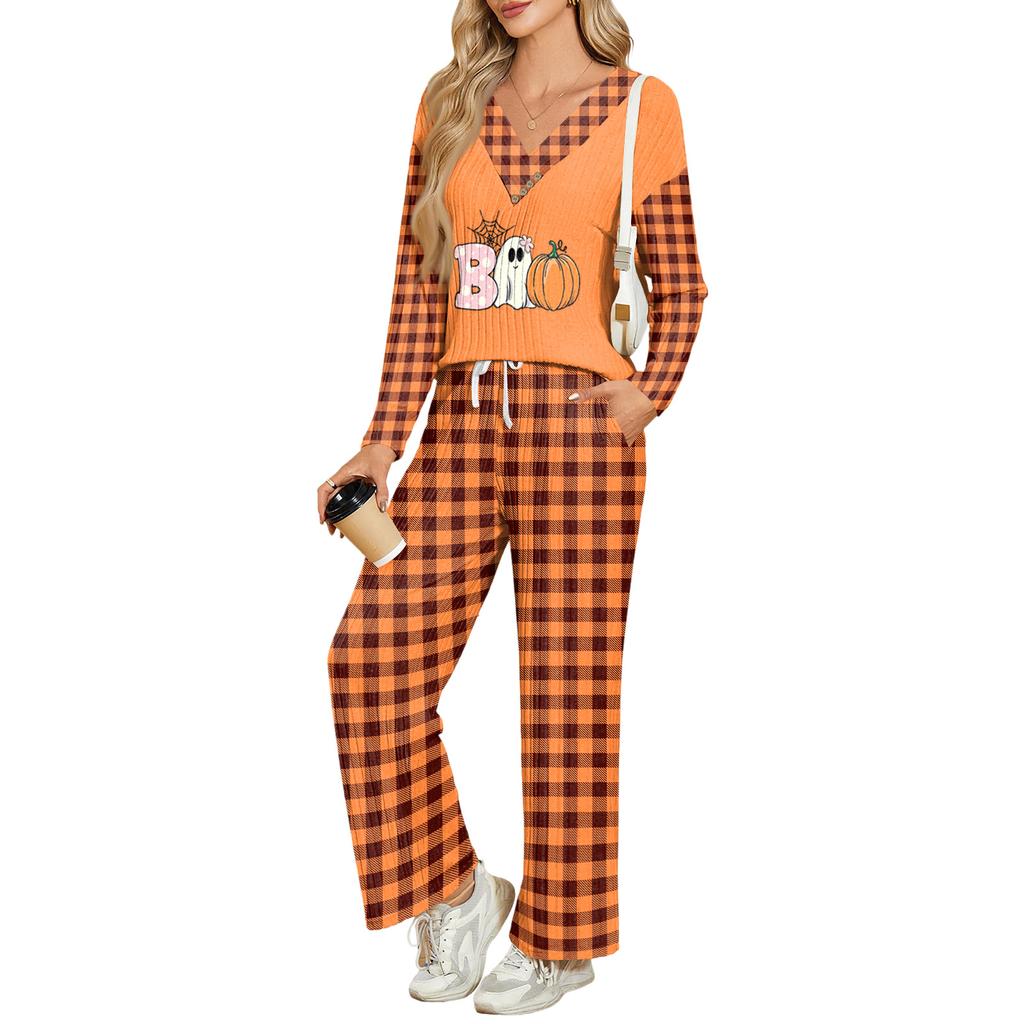Women's Halloween Print V-Neck Long Sleeve Pajama Set with Pockets Loose Fit Sleepwear Set