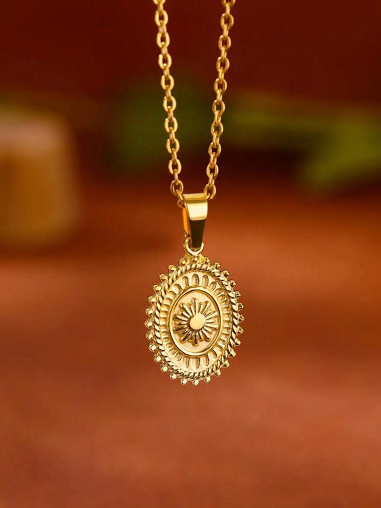 Oval Sun Pendant Necklace, Waterproof Gold Sun Necklace For Women, Couple Style, Stainless Steel Jewelry Choker.