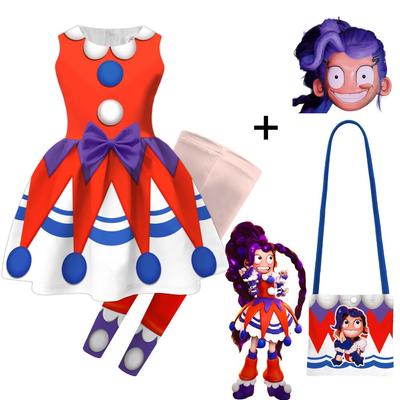 94258 Kids Girls Lily Lovebraids Clown Printed Bow Sleeveless Dress Pants Bag Sets Halloween Cosplay Costumes