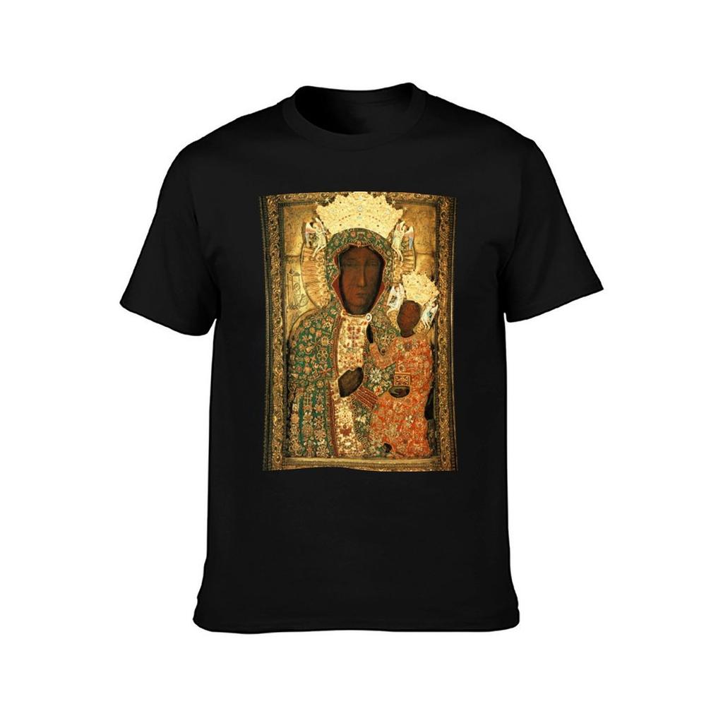 Polnische Schwarze Madonna Ikone Christliche Katholische Kunst Unsere Liebe Frau von Tschenstochau Wandkunst T-Shirt Sommerdruck Kurzarm-T-Shirt