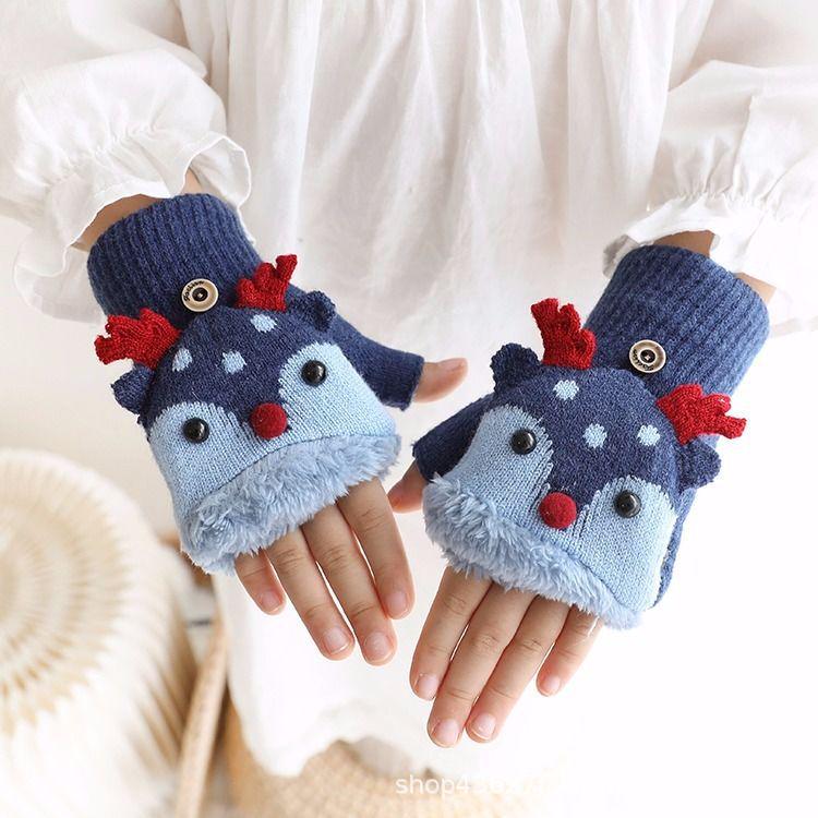 Weihnachts-Rentier-Flipp-Top-Handschuhe für Kinder – Warme, niedliche Halbfingerhandschuhe für Jungen und Mädchen im Kindergarten