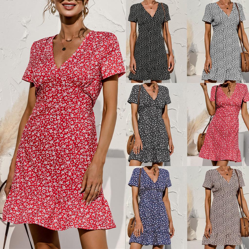 Women's Casual Fashion V-Neck Floral Print Short Sleeve Patry Dress