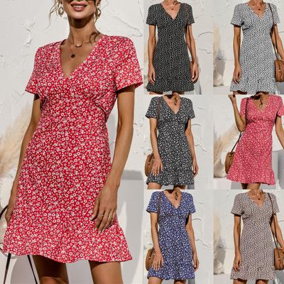 Kadın Günlük Moda V Yaka Çiçek Desenli Kısa Kollu Patry Elbise