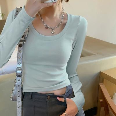 Small Short Sweet and Spicy Style U-neck Slim and Thin Long-sleeved T-shirt Women's Autumn Solid Color Versatile Bottoming Top