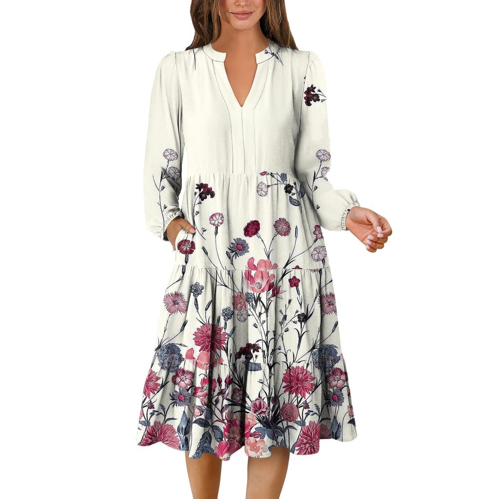 Women's V-Neck Flowing Layered Bohemian Long Sleeve Floral Print Dress