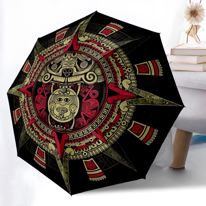 1pc Mayan Calendar Aztec Sun Automatic Folding Umbrella, Lightweight Retractable Compact Travel Umbrella, 8-Rib Sturdy Frame147