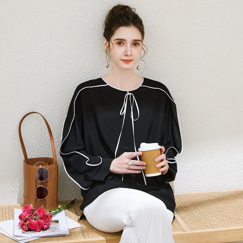 TUHUANG Women's Color Block Mulberry Silk Round Neck Shirt