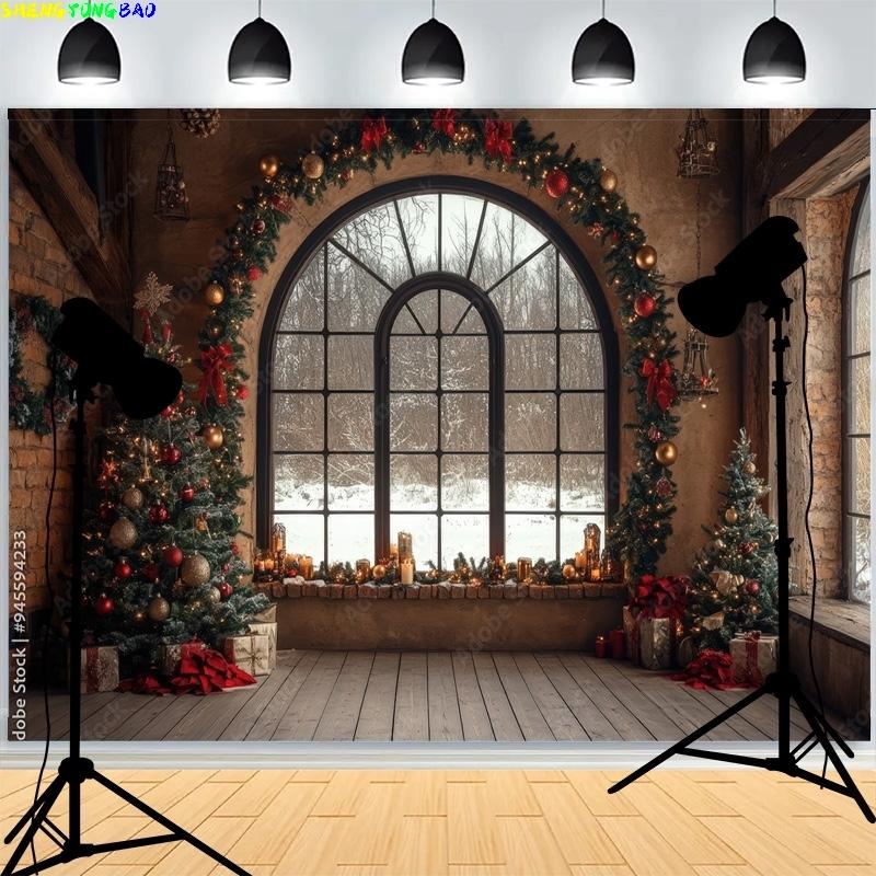 Christmas Day Wreach Snowflake Photography Backdrops Front Door Winter New Year Cottage Living Room Decoration Background DD-08