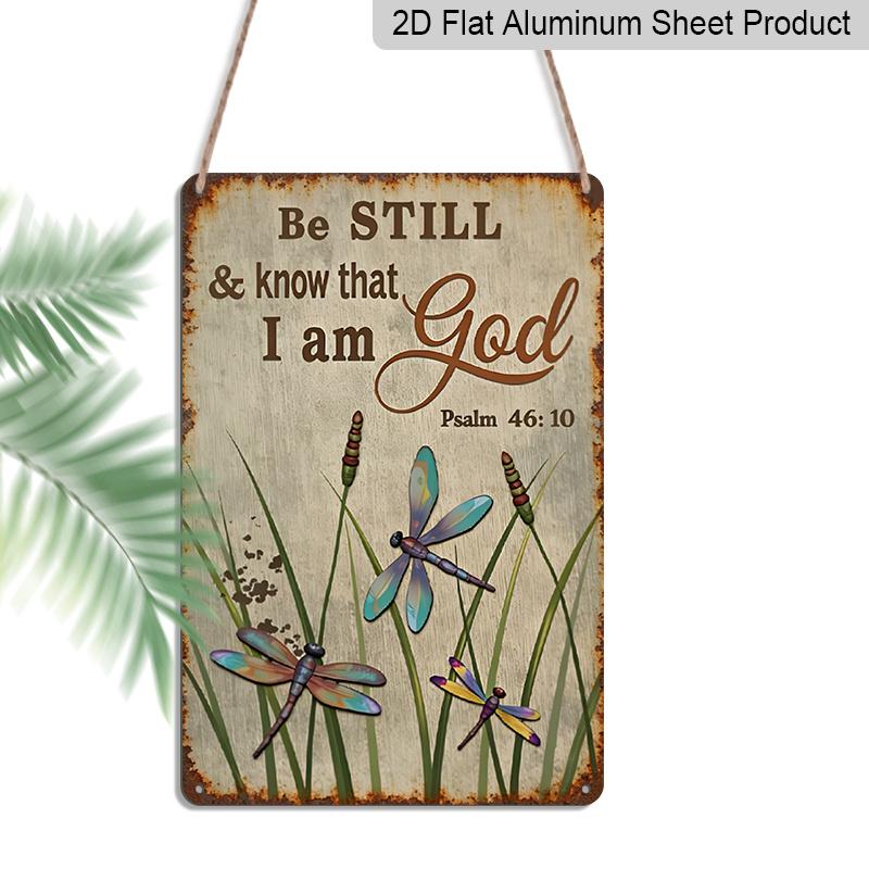 2D Flat, Vintage Psalm 46:10 Bible Verse Metal Tin Sign - "Be Still and Know That I Am God" Christian Wall Decor 8x12 Inch Classic Religious Verse