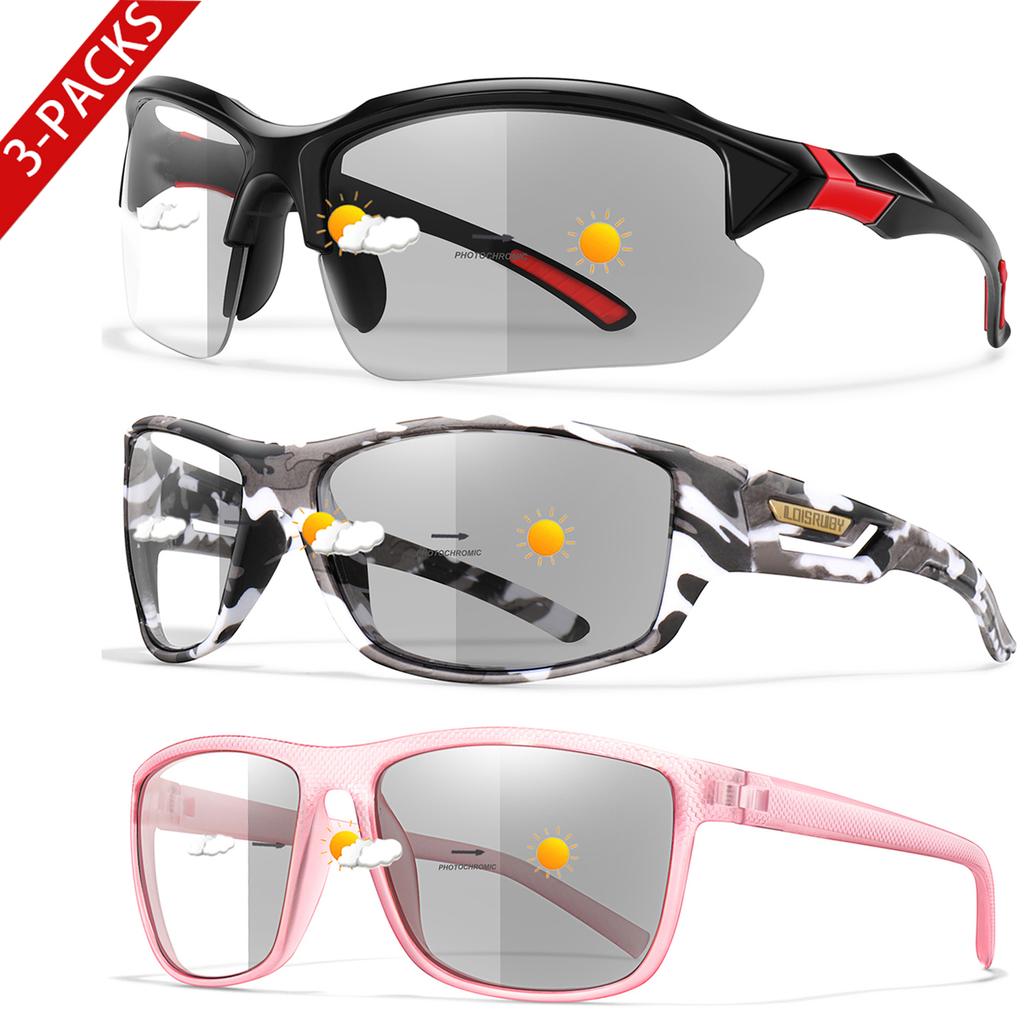 3 Pairs Photochromic Cycling Sunglasses for Men and Women Outdoor Sports Goggles Windproof Driving Camping Mtb Bicycle Eyewear