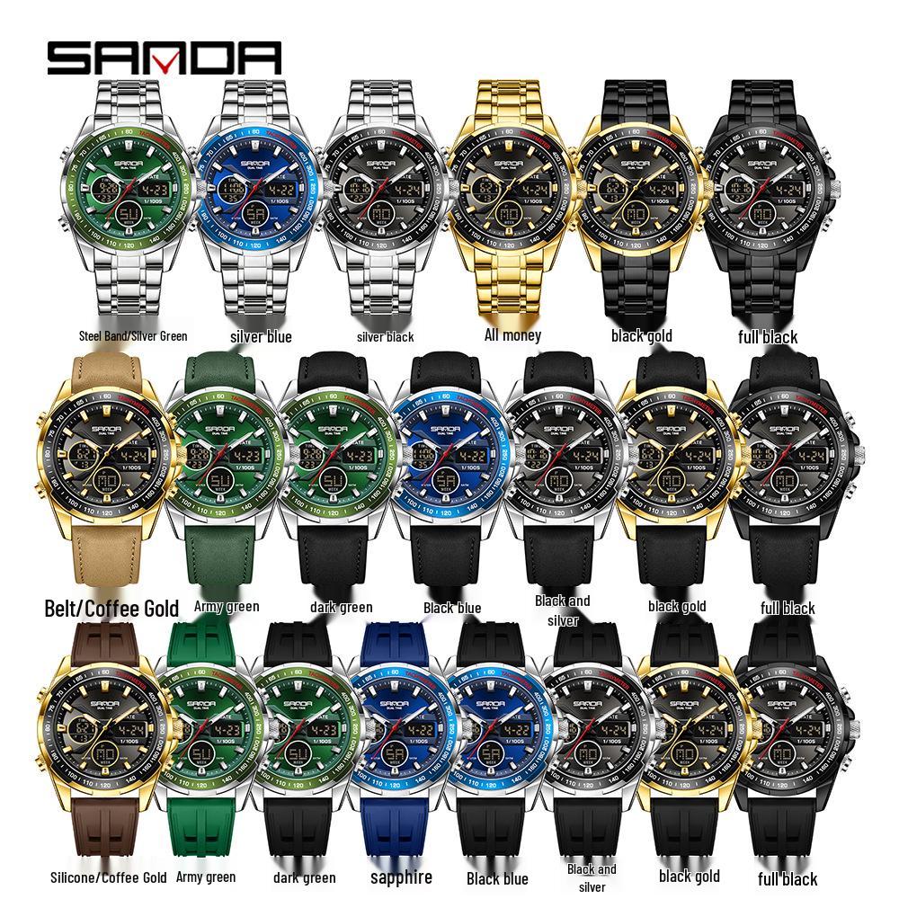 Sanda Men's Waterproof Dual Display Multi-Function Watch with Timer, Snooze, and Night Light.