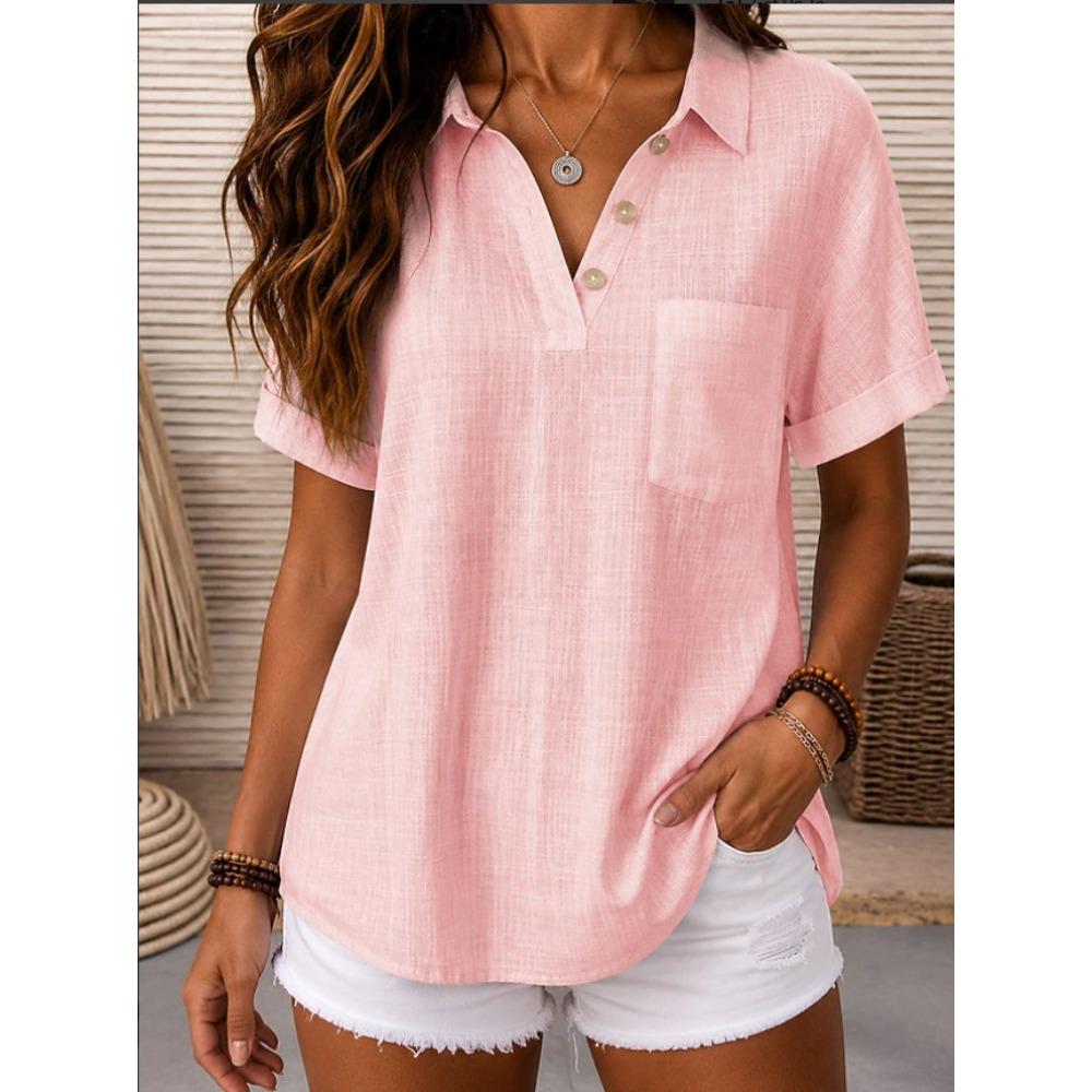 Women's Point Collar Short Sleeve Blouse Regular Fit Minimalist Casual Shirt