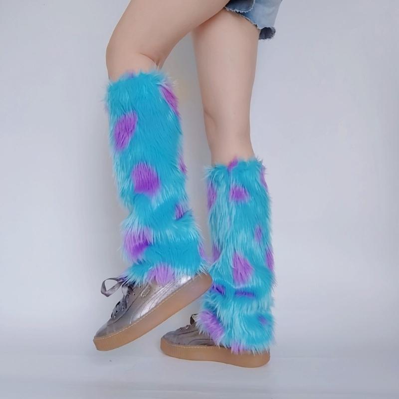 Women Harajuku Winter Warm Plush Leg Warmers Novelty Monsters Colorblock Furry Boots Cover Cosplay Leg Sleeve Long Socks