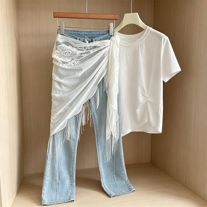 Solid Color Tassel Lace Wave Edge Triangle Shawl For Women